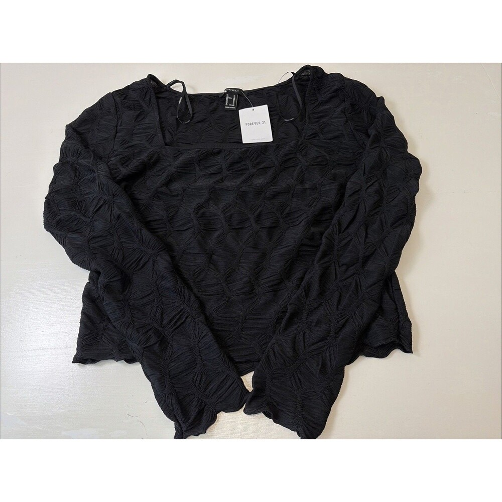 Forever 21 Ruched Top Women's Black Long Sleeve Square Neck Pullover Size XL